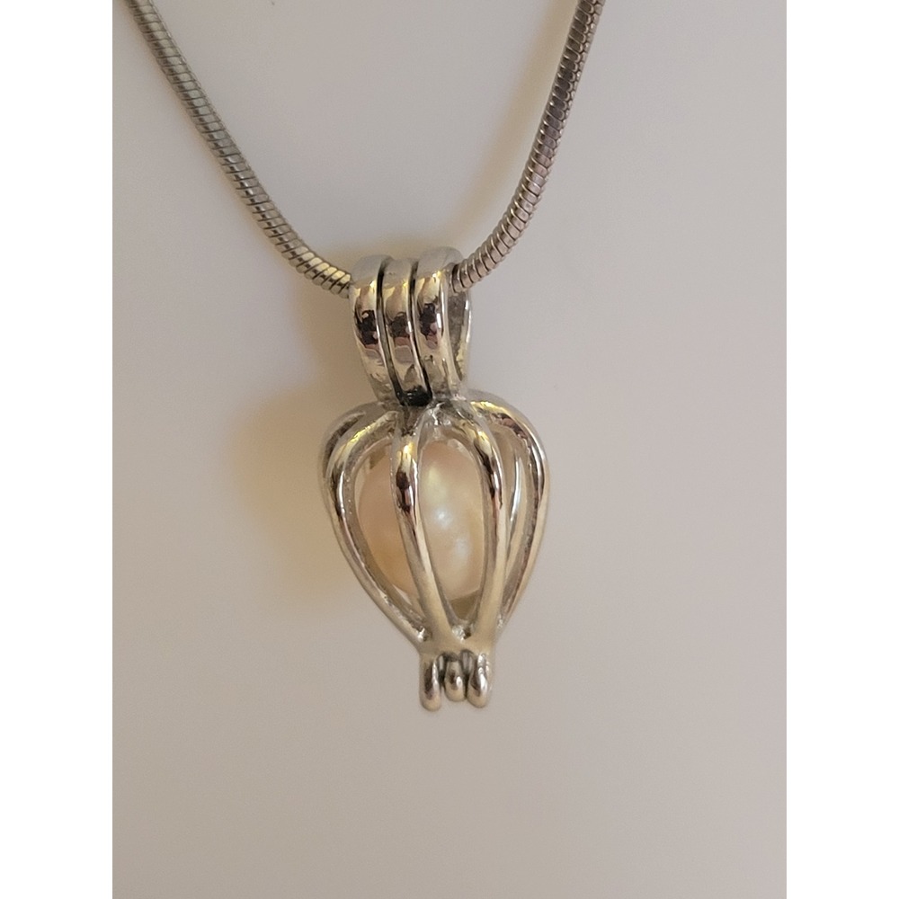 Cage Pearl Necklace 18 Inch Silver tone White Good‎ Snake Chain